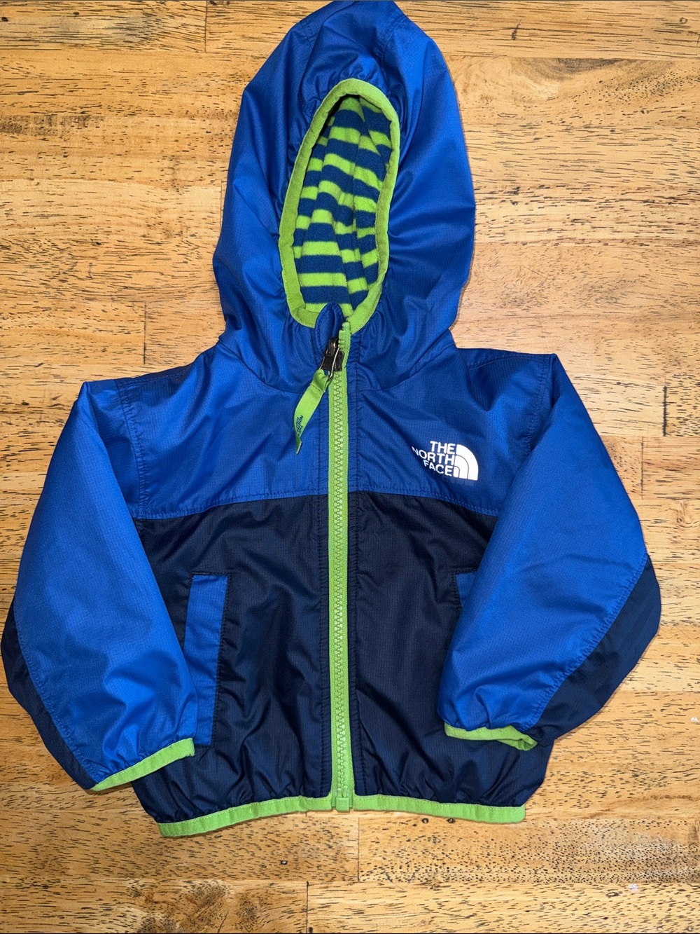 Reversible The North Face Kids Blue & Navy Hooded Windbreaker with Lime Trim